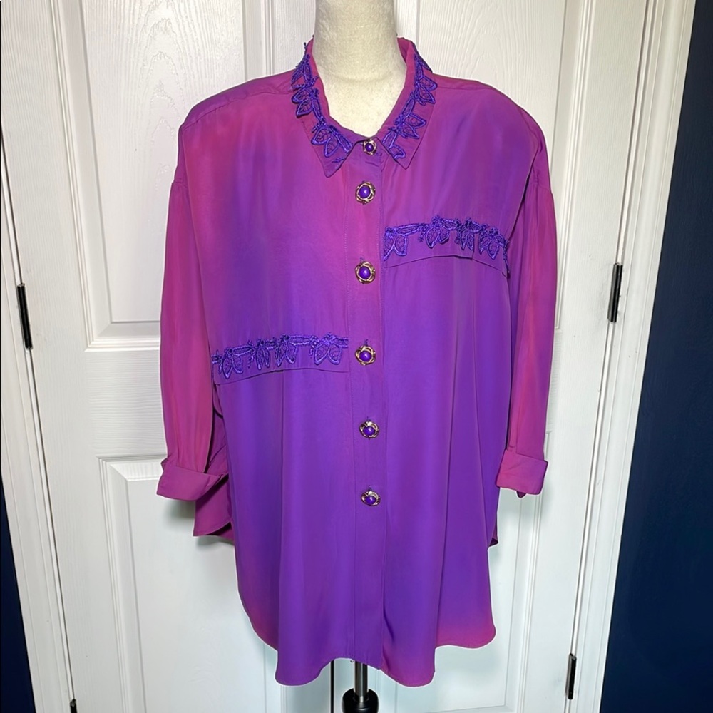 S.L. Fashions Purple Button Down Shirt with Embroidery
